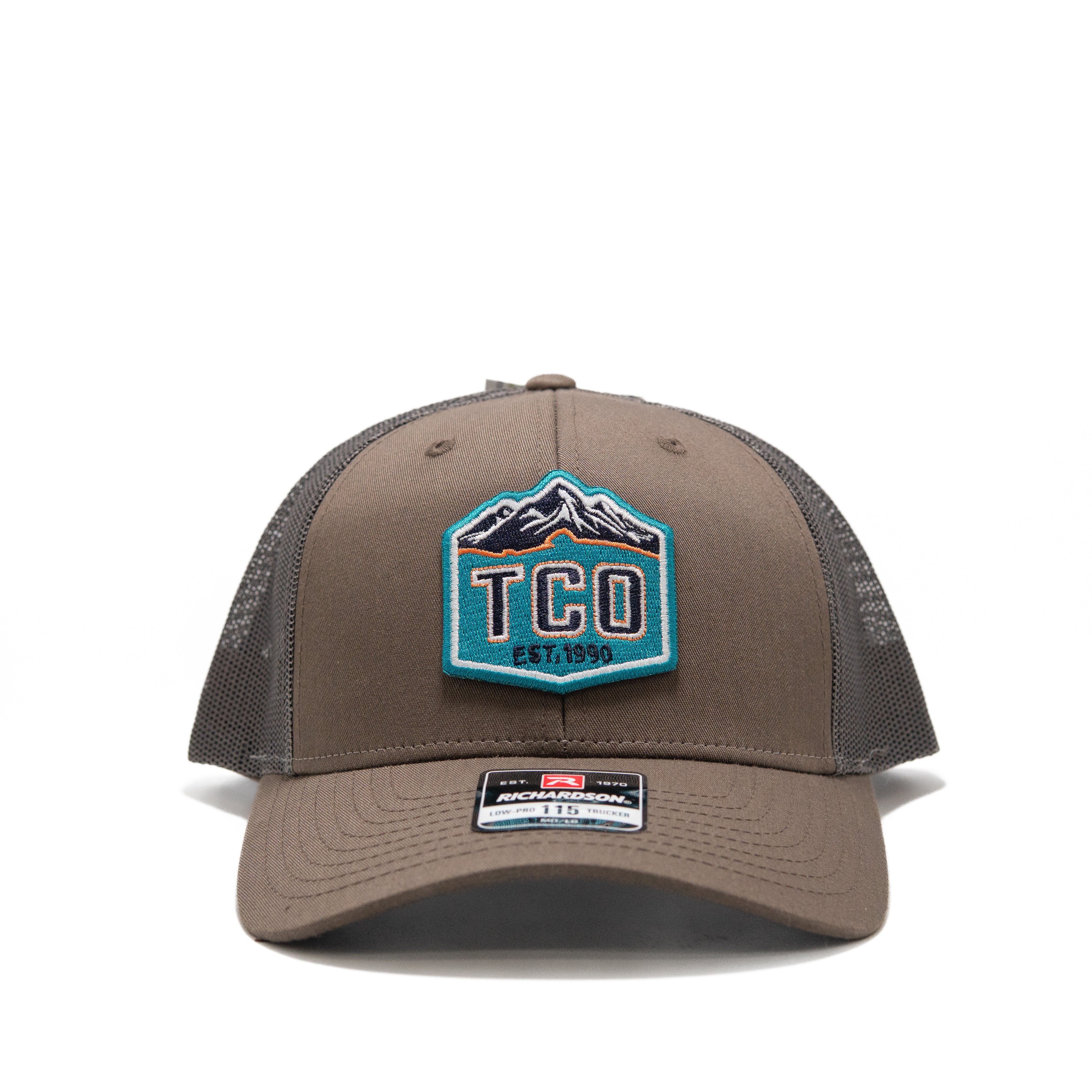 TCO Fly Shop Low Pro Trucker Hat - Crest Logo - Chocolate Chip Gray Brown