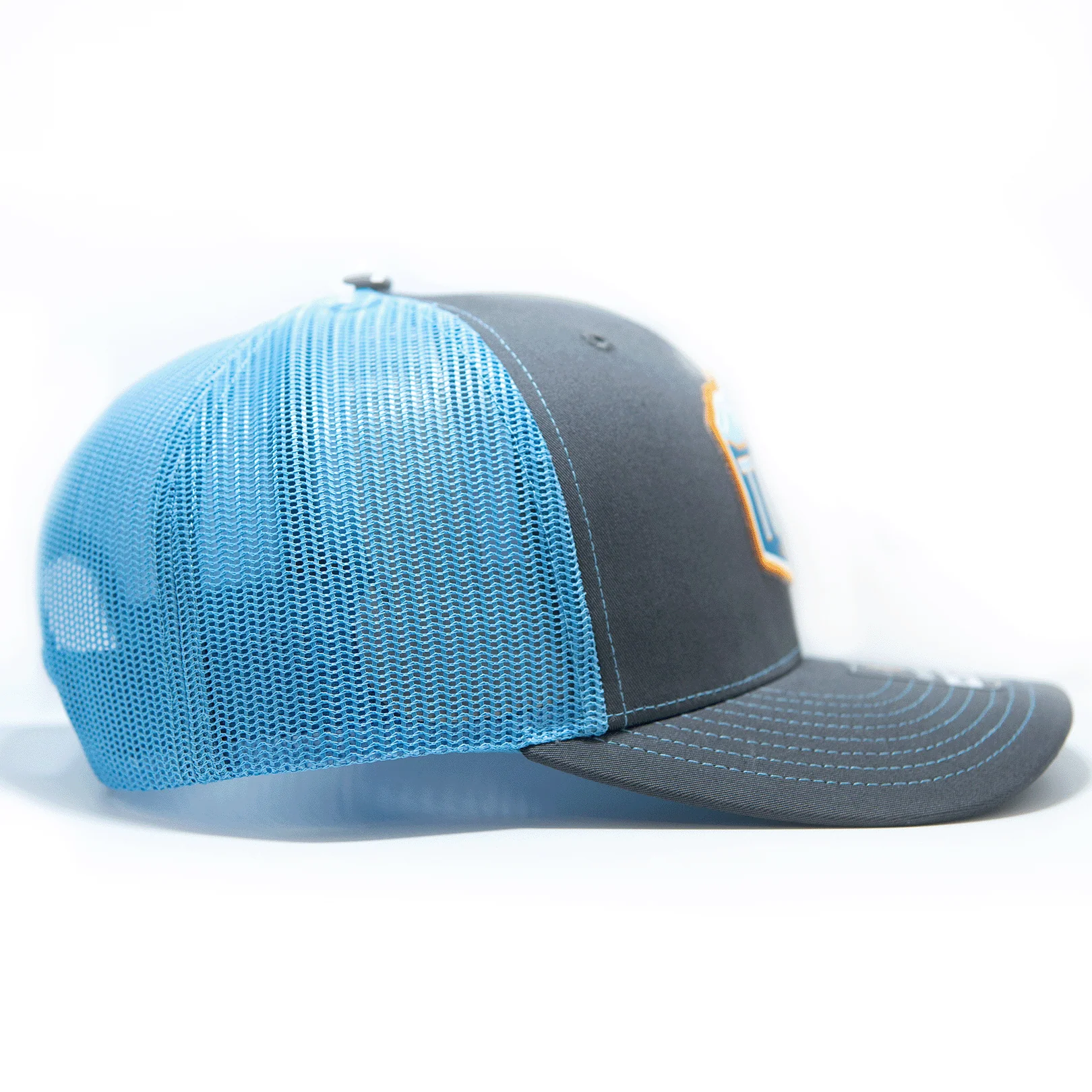 TCO Fly Shop Trucker Hat - Frosted Crest Logo - Charcoal Columbia Blue - Image 2